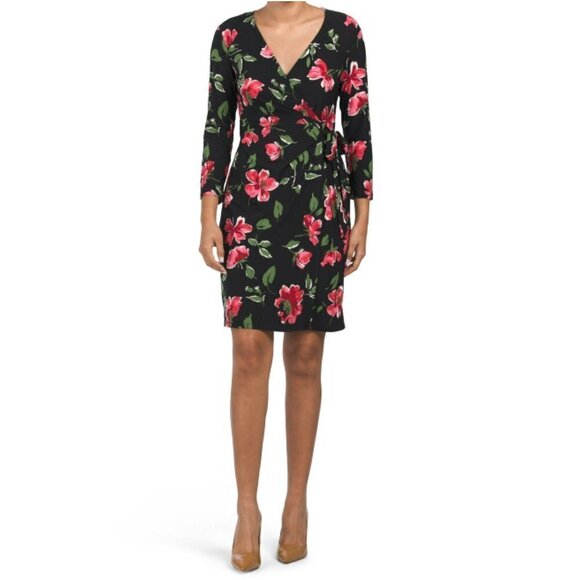 NWT Anne Klein Women's Roses Floral Print Long Sleeve Wrap Mini Dress - Picture 2 of 7